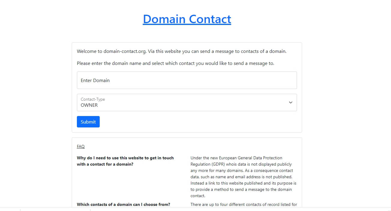 Поиск контактов владельца сайта через сервис domain-contact.org